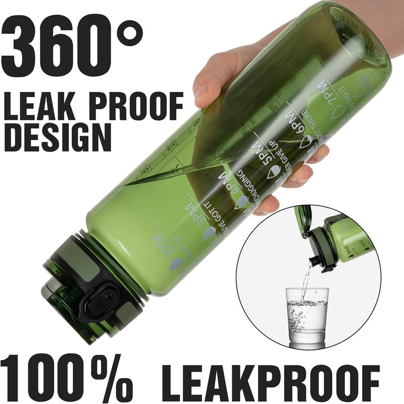 OLDLEY Water Bottle 32oz, Durable and Leakproof Water Bottles Motivational with Time Marker, Tritan, BPA Free, Wide Mouth, Gym, Travel, Home, School, Office, Olive (1 Bottle) - Image 3